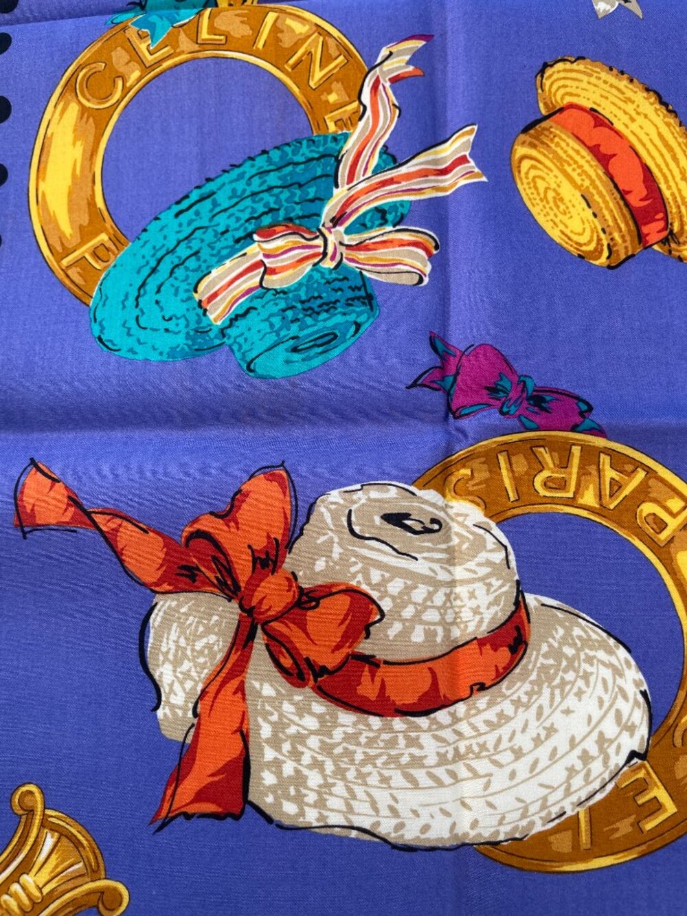 Céline Paris Cotton Scarf Colorful Hats & Rope Print 20" Square - Picture 11 of 13